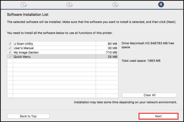 Software installation list screen 